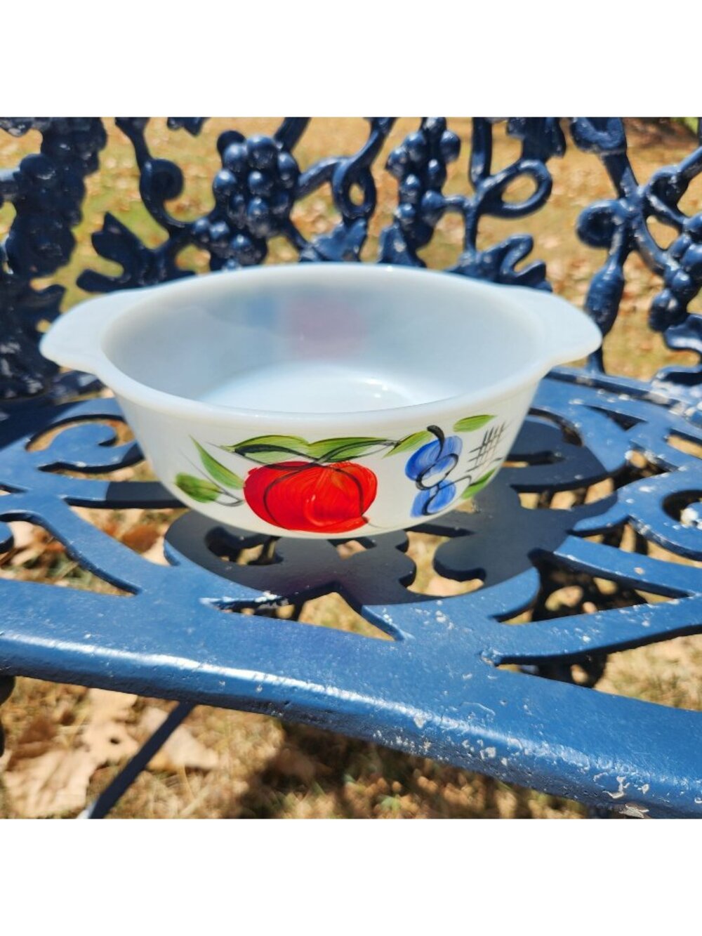 Fire-King Anchor Hocking Milk Glass 1.5 qt Bowl with Hand-Painted Fruit Design
